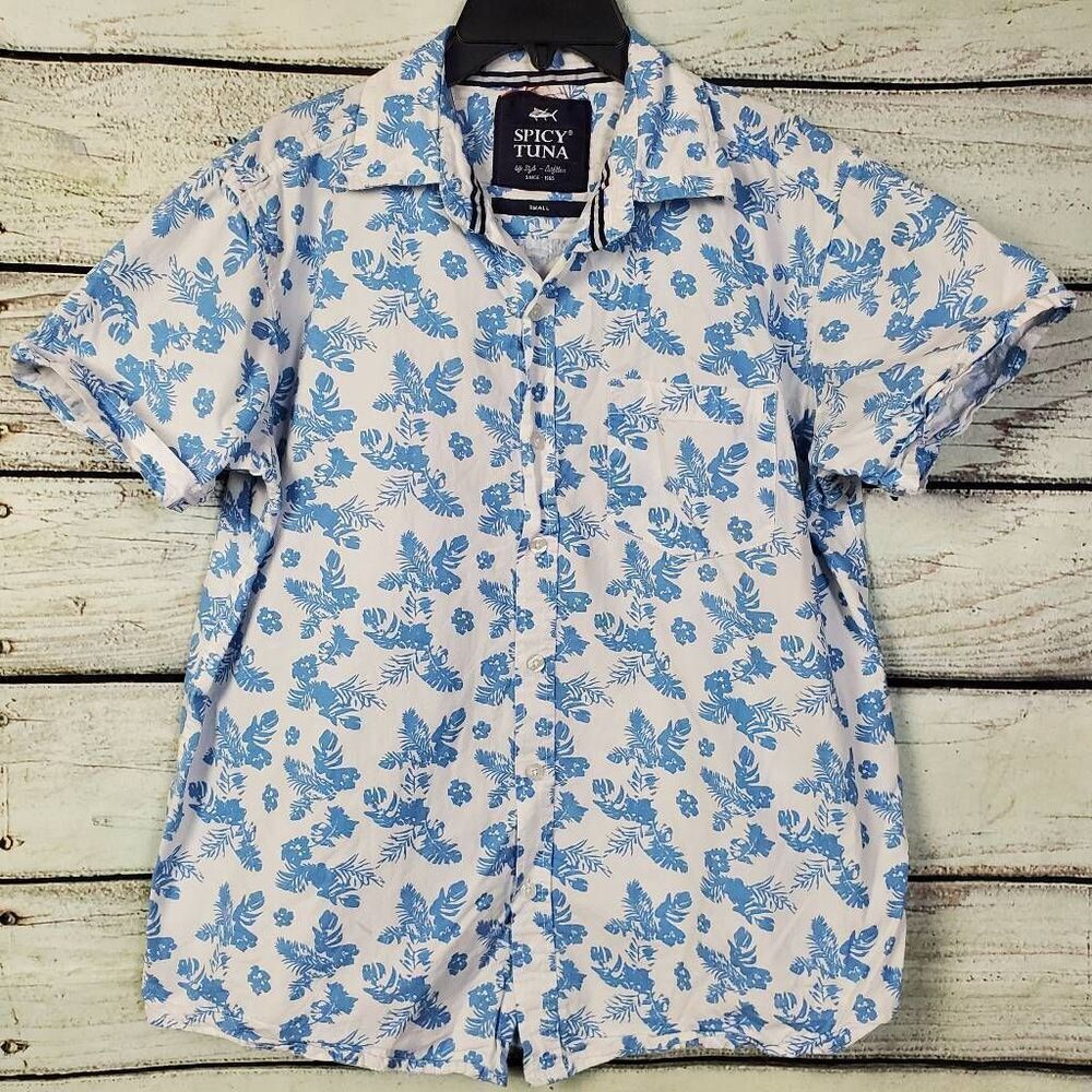 Spicy Tuna Hawaiian Shirt Men’s Small Blue White Floral Short Sleeve Button Up